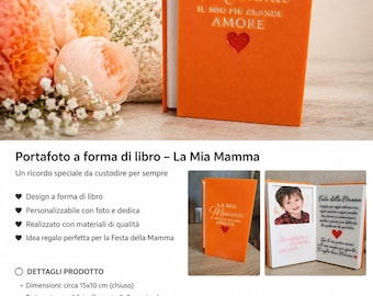 Portafoto Personalizzato Festa della Mamma a Forma di Libro | Regalo Mamma con Foto e Dedica | Idea Originale Stampata in 3D
