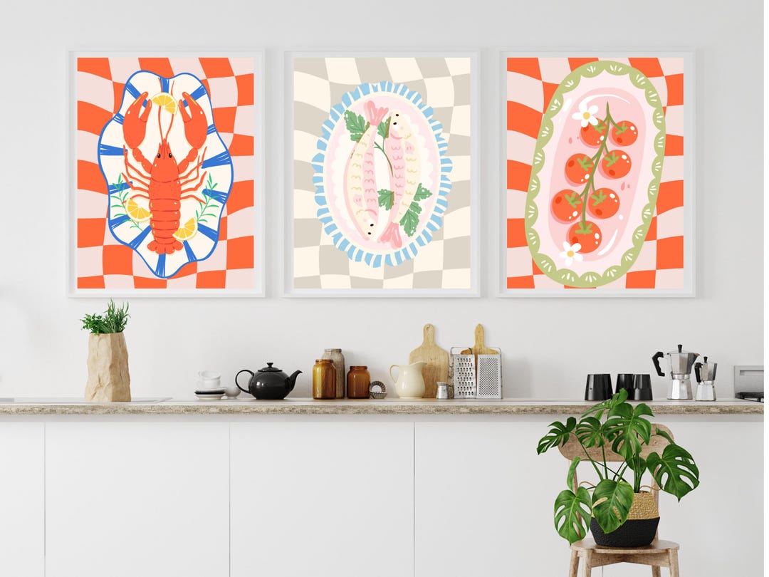 abstract kitchen art prints: modern line drawing set... Colorful Abstract Kitchen Art Prints, Set of 3 (digital Download) - Etsy