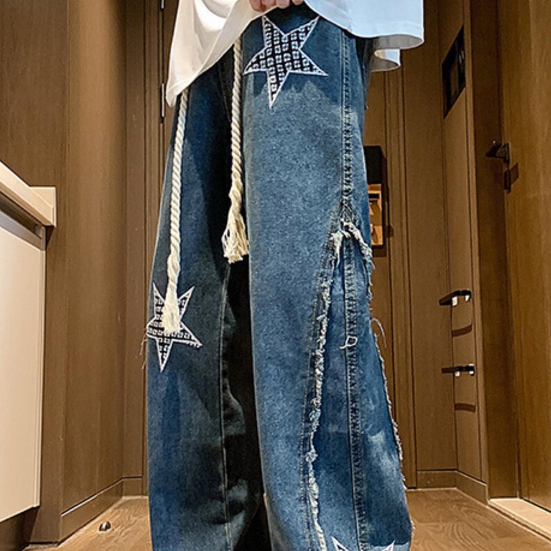 Wide Leg Jeans | Patchwork Graphic Denim Pants | Daily Wear | Y2K Streetwear Style

Wide leg denim jeans with embroidered y2k streetwear style