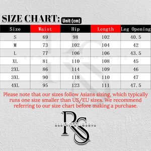 May include: Size chart for pants, with waist, hip, length, and leg opening measurements in centimeters. Sizes range from S to 4XL. Includes a note about Asian sizing and a recommendation to consult the chart before purchase.