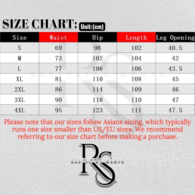 May include: Size chart for pants, with waist, hip, length, and leg opening measurements in centimeters. Sizes range from S to 4XL. Includes a note about Asian sizing and a recommendation to consult the chart before purchase.