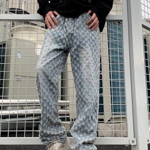 Denim Straight Jeans | Wide Leg Pants | Loose Patterned Design | Y2K Streetwear 

Loose fit straight leg jeans with patterned denim design and wide cut for streetwear outfits.