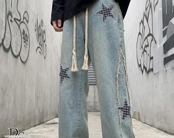 Wide Leg Jeans | Patchwork Graphic Denim Pants | Daily Wear | Y2K Streetwear Style