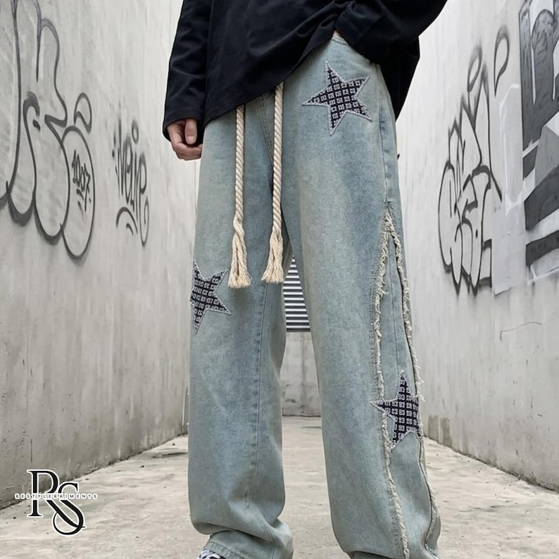 Wide Leg Jeans | Patchwork Graphic Denim Pants | Daily Wear | Y2K Streetwear Style

Wide leg denim jeans with embroidered y2k streetwear style