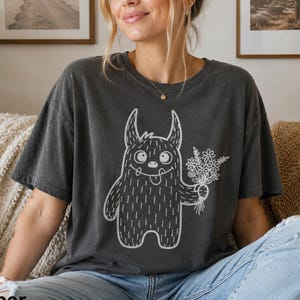 Cute Flower Monster Shirt, Whimsical Monster Holding Bouquet Tee, Kawaii Creature Graphic Shirt, Floral Monster Gift, Cute Cartoon Art