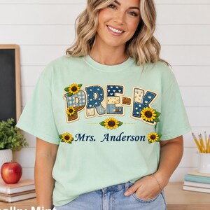 Custom Pre-K Teacher Shirt, Personalized Teacher Name Tee, Sunflower Teacher Shirt, Blue Patchwork Back To School Gift, Floral Tee