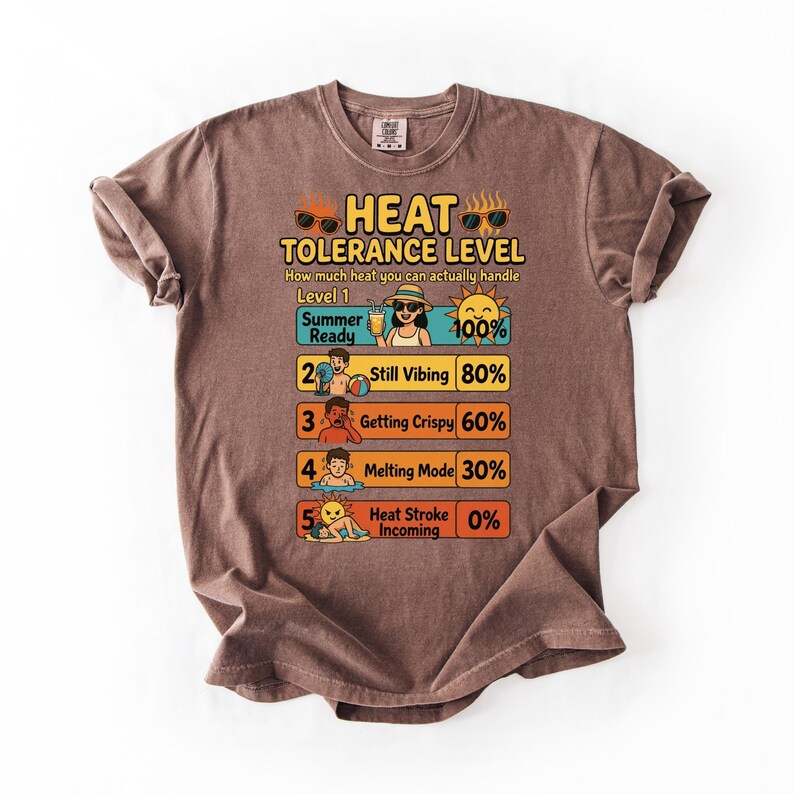 May include: Brown t-shirt with a graphic illustrating a heat tolerance level chart. The chart shows levels from "Summer Ready" at 100% to "Heat Stroke Incoming" at 0%. The shirt has a crew neck and short sleeves.
