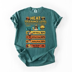 May include: Teal t-shirt with a graphic that reads "HEAT TOLERANCE LEVEL" and a heat level chart. The chart shows levels from "Summer Ready" at 100% to "Heat Stroke Incoming" at 0%.