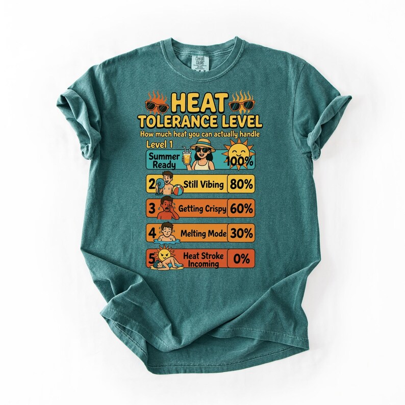 May include: Teal t-shirt with a graphic that reads "HEAT TOLERANCE LEVEL" and a heat level chart. The chart shows levels from "Summer Ready" at 100% to "Heat Stroke Incoming" at 0%.