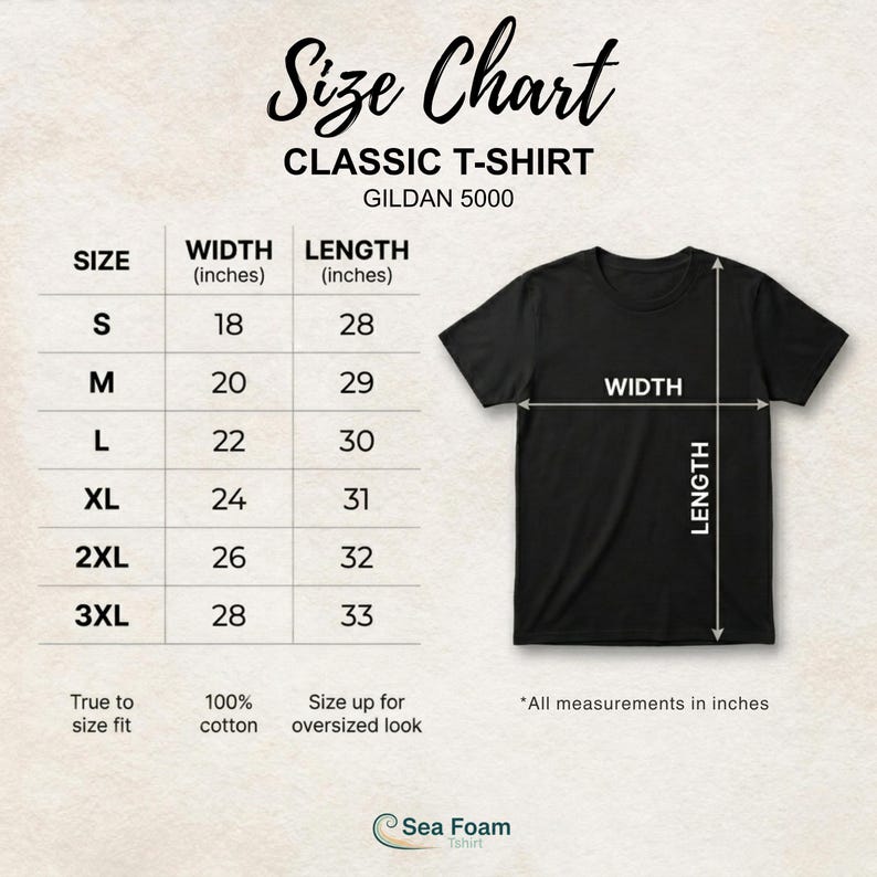May include: Black Gildan 5000 classic t-shirt with a size chart. The chart shows width and length measurements in inches for sizes S to 3XL. The shirt is 100% cotton and true to size fit. The text "Size up for oversized look" is also included.