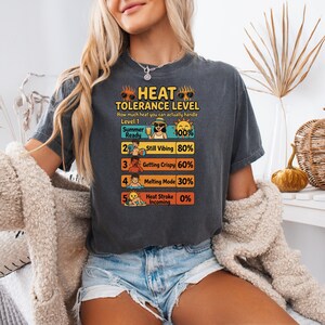 Heat Tolerance Level Shirt Funny Summer Tee, Hot Weather Humor Design, Sun Heat Chart Graphic, Beach Vacation Funny Shirt image 4