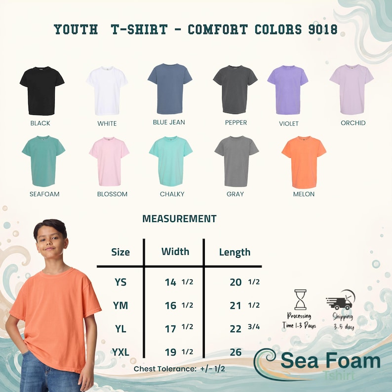 Puede incluir: Una carta de colores para camisetas Youth Comfort Colors 9018 con once opciones: negro, blanco, azul jean, pimienta, violeta, orqu&iacute;dea, espuma de mar, flor, tiza, gris y mel&oacute;n. Una tabla de tallas muestra el ancho y largo en pulgadas para YS, YM, YL y YXL.