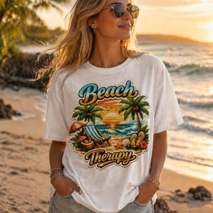 The Beach My Therapy Shirt, Beach Vacation Tee, Summer Beach Graphic, Tropical Sunset Palm Tree Shirt, Coastal Relax Vibes Tee