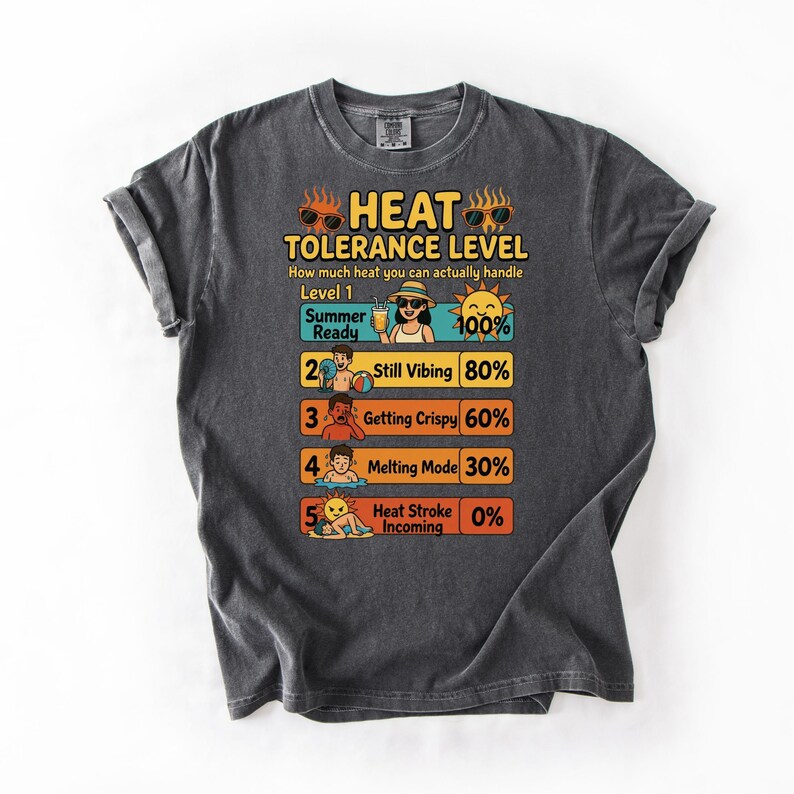 Heat Tolerance Level Shirt Funny Summer Tee, Hot Weather Humor Design, Sun Heat Chart Graphic, Beach Vacation Funny Shirt image 3