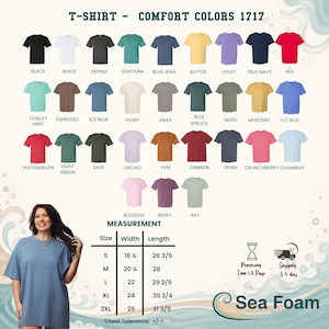 Puede incluir: Una carta de colores para camisetas Comfort Colors 1717 que muestra treinta y dos opciones de colores s&oacute;lidos, incluyendo negro, blanco, pimienta, espuma de mar, azul jean, mantequilla, violeta, azul marino, rojo, menta, espresso, azul hielo y marfil.