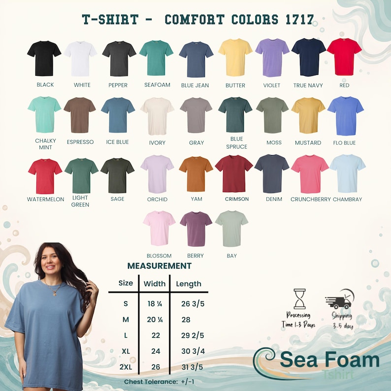 Puede incluir: Una carta de colores para camisetas Comfort Colors 1717 que muestra treinta y dos opciones de colores s&oacute;lidos, incluyendo negro, blanco, pimienta, espuma de mar, azul jean, mantequilla, violeta, azul marino, rojo, menta, espresso, azul hielo y marfil.