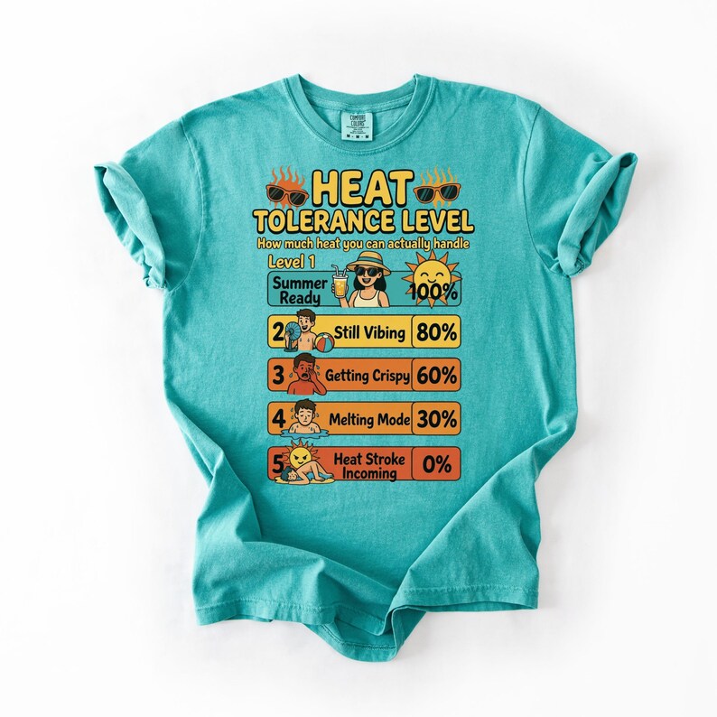 May include: Turquoise t-shirt with a graphic illustrating a "Heat Tolerance Level" with summer-themed icons and text. The design includes levels from "Summer Ready" to "Heat Stroke Incoming", with corresponding percentages.