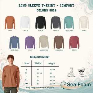 Puede incluir: Una carta de colores de camisetas de manga larga con once tonos: yam, blanco, negro, pimienta, espuma de mar, marfil, blue jean, violeta, arenisca, espresso y ladrillo. Una tabla muestra anchos y largos en pulgadas para tallas S a 2XL.