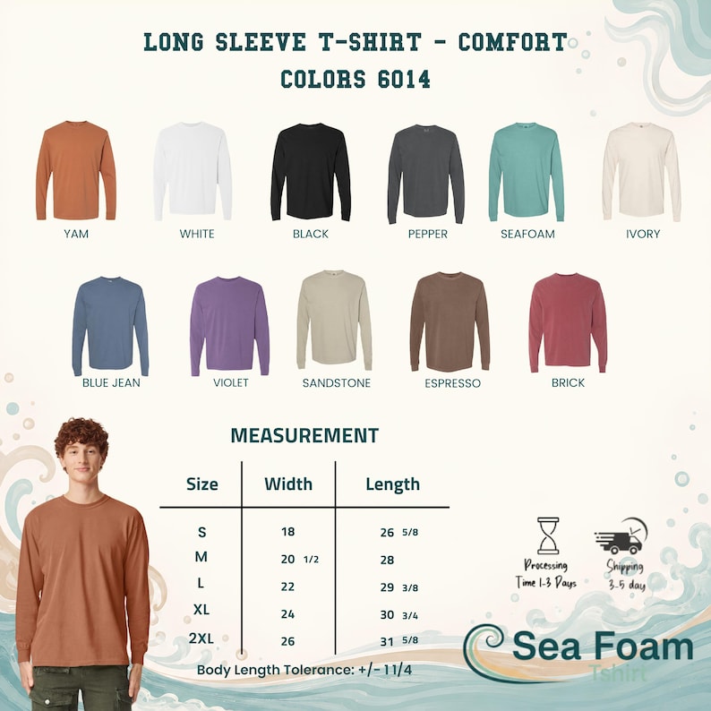 Puede incluir: Una carta de colores de camisetas de manga larga con once tonos: yam, blanco, negro, pimienta, espuma de mar, marfil, blue jean, violeta, arenisca, espresso y ladrillo. Una tabla muestra anchos y largos en pulgadas para tallas S a 2XL.