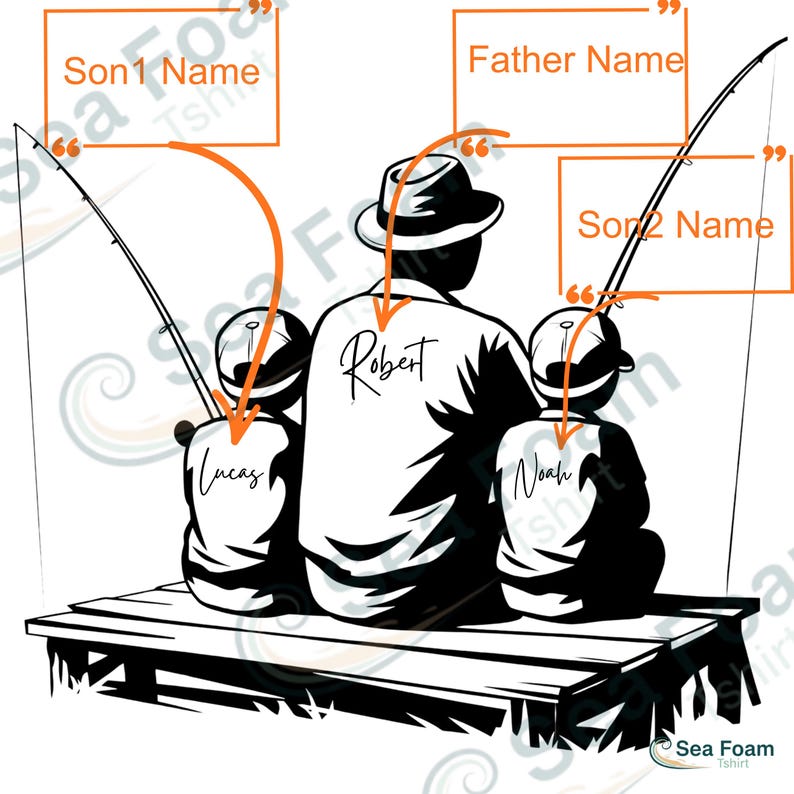 May include: Black and white illustration of a father and two sons fishing. The father's shirt has the name "Robert" on the back. The sons' shirts have the names "Lucas" and "Noah". The image includes fishing rods and the text "Sea Foam Tshirt".