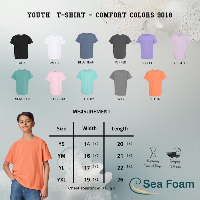 May include: A youth t-shirt in melon color is shown, along with a color chart of other available colors. The chart includes black, white, blue jean, pepper, violet, orchid, seafoam, blossom, chalky, and gray. Measurements are provided in inches.