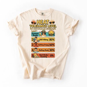 Heat Tolerance Level Shirt Funny Summer Tee, Hot Weather Humor Design, Sun Heat Chart Graphic, Beach Vacation Funny Shirt image 1