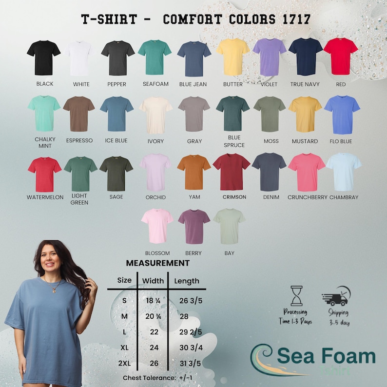 May include: A variety of Comfort Colors 1717 t-shirts in various colors, including black, white, and red. The image also displays a size chart with measurements in inches. The model is wearing a blue t-shirt.