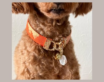 Dog Necklace, Japanese Obijime Silk & Freshwater Pearl, Orange Dog Jewelry, Upcycled Omamori Necklace, Handmade in Japan