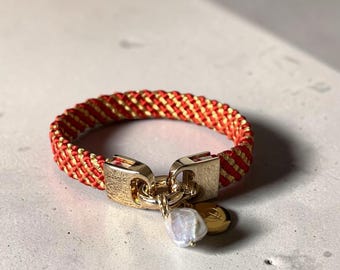 Dog Necklace, Japanese Obijime Silk & Freshwater Pearl, Red Gold Dog Jewelry, Upcycled Omamori Necklace, Handmade in Japan