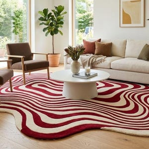 Red Ivory Organic Wave Hand Tufted Wool Rug, Irregular Abstract Area Rug, Modern Wavy Designer Carpet, Handmade Statement Rug