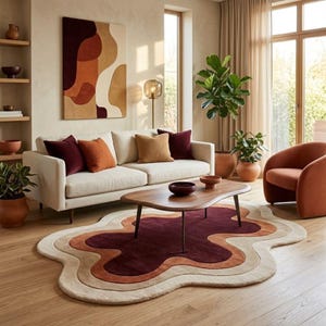 Abstract Wavy Hand-Tufted Wool Area Rug in Burgundy and Terracotta, Irregular Shaped Carpet for Modern Living Room