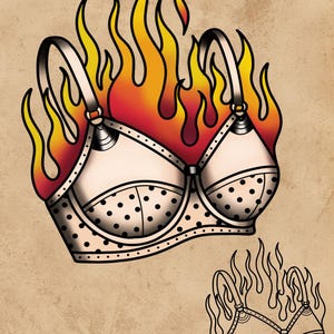 May include: A tattoo-style illustration of a bra engulfed in flames, with black polka dots on the cups. The flames are in shades of yellow, orange, and red. The words "Tattoo Stencil | Digital download" are at the bottom.