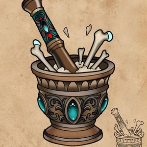 May include: A brown mortar and pestle with a teal and red design, filled with bones and a white substance. The image includes the text "Tattoo Stencil | Digital Download". A smaller version of the mortar and pestle is in the lower right corner.