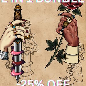 Neo Traditional Tattoo Flash Bundle – Kobieca dłoń, Diabelska róża (do pobrania w wersji cyfrowej)