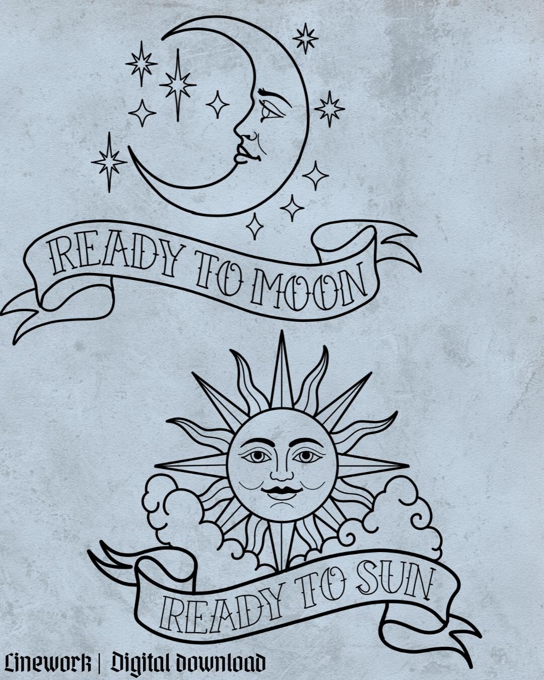Moon Linework Sun Moon Tattoo Bundle – 2 Items Linework (digital Download) - Etsy