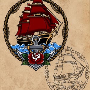 American Traditional Clipper Ship Tattoo Design – Nautical Maritime Art (Digital Download)