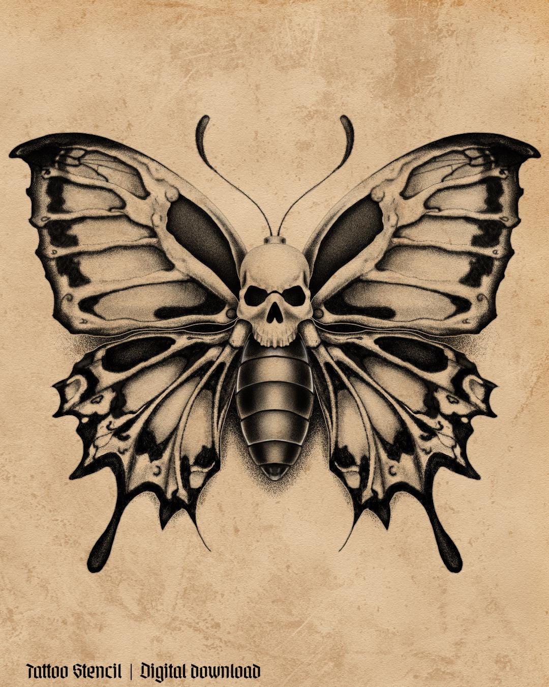 Gothic Skull Butterfly Tattoo Flash – Anatomical Skeleton Wings Art ...