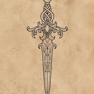 Ornamental Dagger Tattoo Stencil - Elegant Gothic Blade Art - Fine Line Blackwork - 600 DPI Digital Design