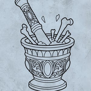 以下が含まれることがあります： 骨が入った乳鉢と乳棒の白黒線画。乳鉢には装飾的なディテールがあり、乳棒は直立しています。「Linework | Digital download」のテキストが含まれています。