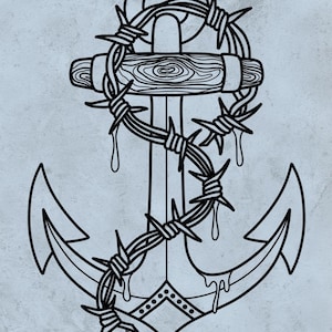 May include: Black line art illustration of an anchor wrapped in barbed wire. The anchor has a wooden crossbar and is set against a light gray background. The text "Linework | Digital download" is at the bottom.
