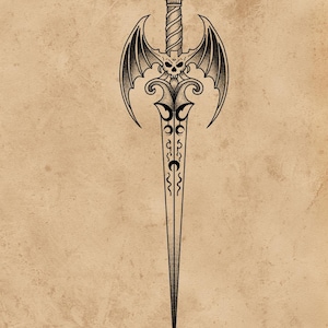 Diseño de tatuaje de daga con calavera alada - Arte gótico de hoja demoníaca - Plantilla de 600 DPI - Descarga digital en negro oscuro