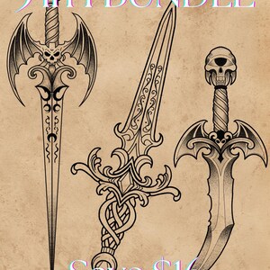 Gothic Dagger Tattoo Flash Bundle – Winged Skull, Ornamental & Curved Blade Art (Digital Download)