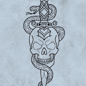 Puede incluir: Dibujo lineal en blanco y negro de una calavera atravesada por una daga, con una serpiente enrollada alrededor. La empuñadura de la daga presenta un diseño de diamante. El texto "Linework | Digital download" está en la parte inferior.