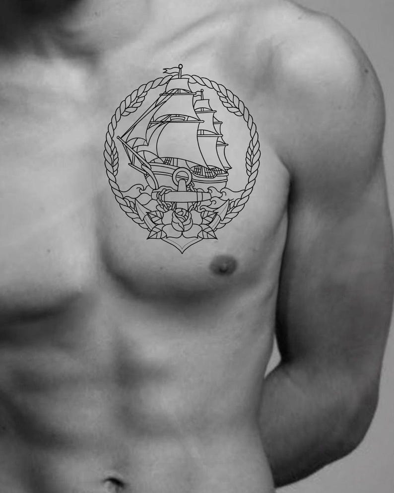Old School Ship Tattoo Design, Traditional Nautical Flash, Anchor and ...