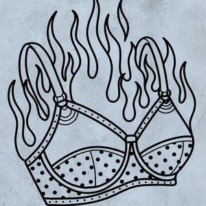 May include: Black and white line drawing of a bra with polka dots, surrounded by flames. The image has the text "Linework | Digital download" at the bottom.
