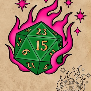 Dark Illustrative Dice Number 15 Tattoo – Bold Neo Trad Digital Download (Stencil & Color)