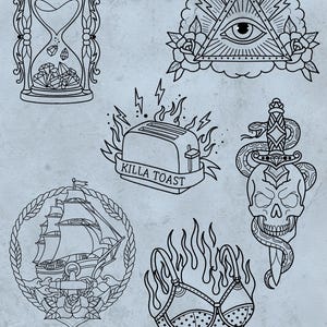 May include: Digital download of black and white linework tattoo designs. The image includes an hourglass, an eye in a triangle, a toaster with "Killa Toast", a skull with a dagger, a ship, and a bra on fire. The text "Linework | Digital download" is also present.