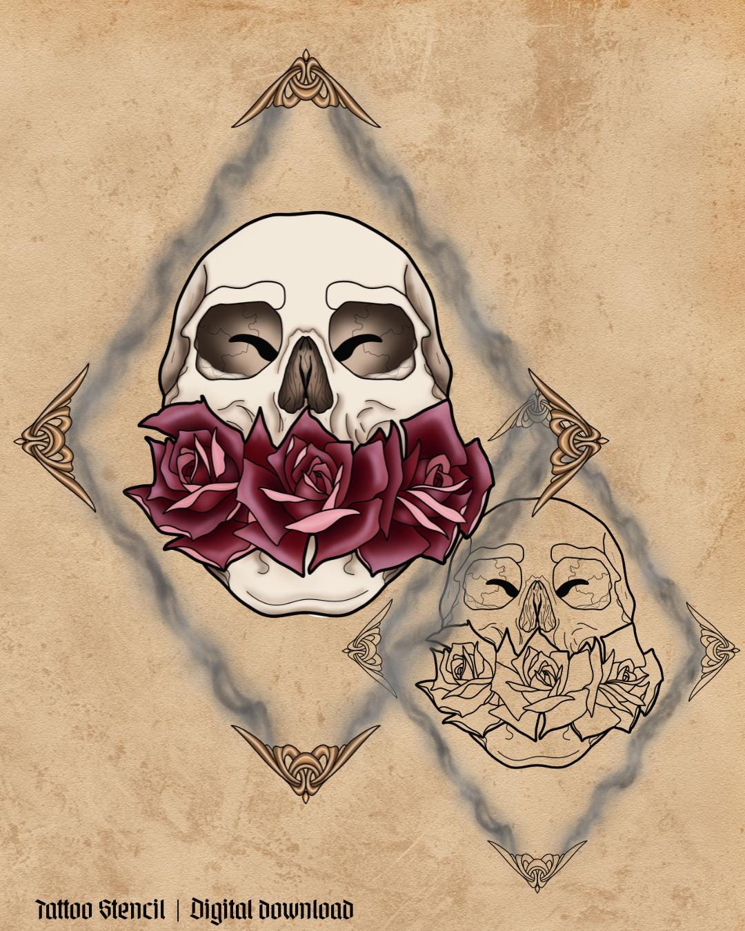 Neo Traditional Skull Rose Tattoo Design – Floral Smoke Stencil ...