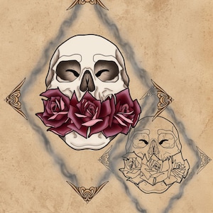 Neotradycyjny wzór tatuażu z czaszką i różą – szablon z kwiatowym dymem (pobranie cyfrowe)