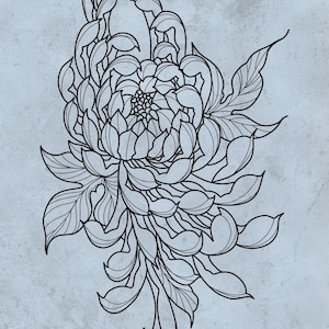 May include: A detailed black and white line drawing of a chrysanthemum flower, featuring intricate petal and leaf details. The design is set against a textured, pale blue-grey backdrop. Text at the bottom reads "Linework | Digital download".